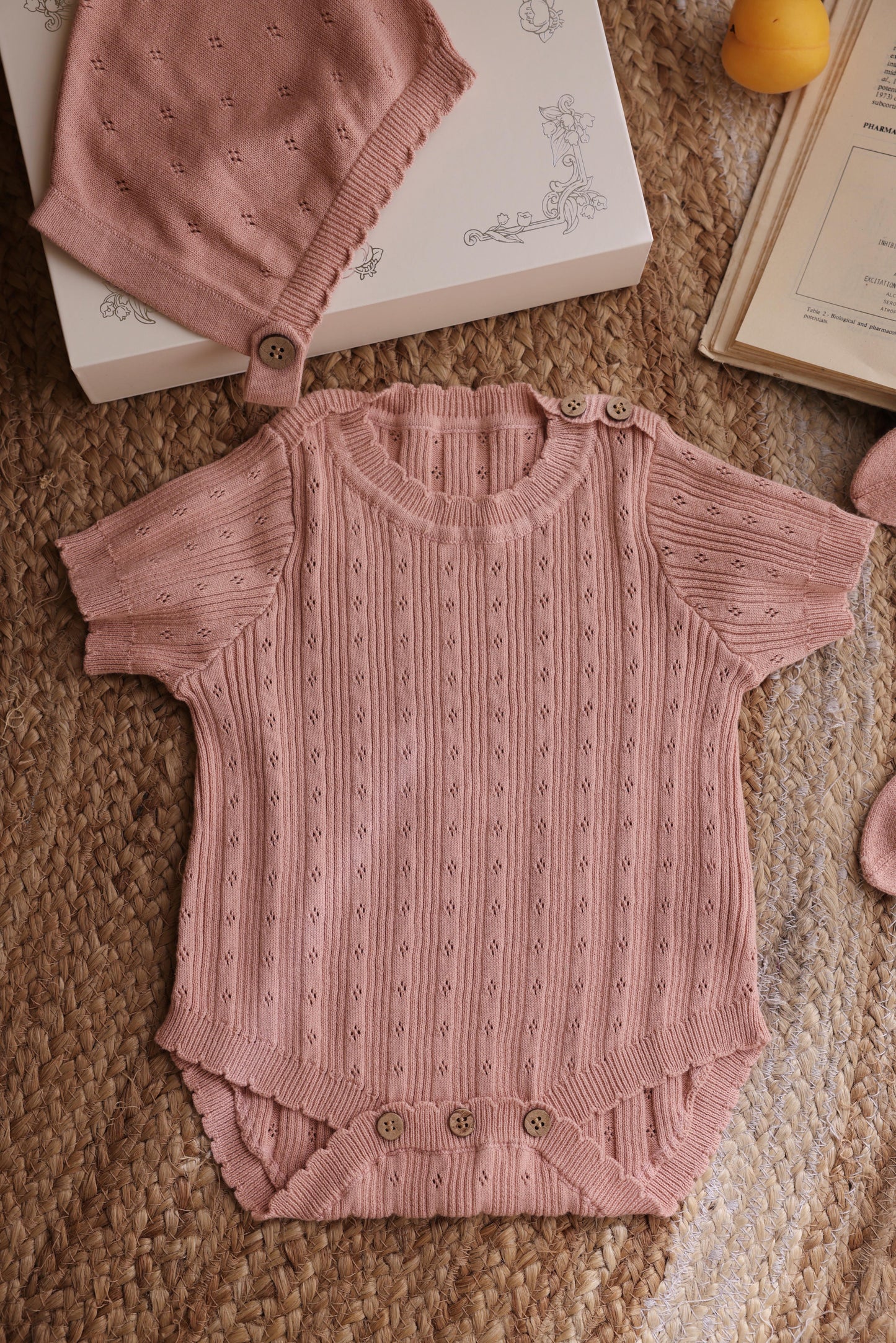 Avibae Luxary Cotton Patterned Openwork Romper  7-Piece Buddle Pearl Rose