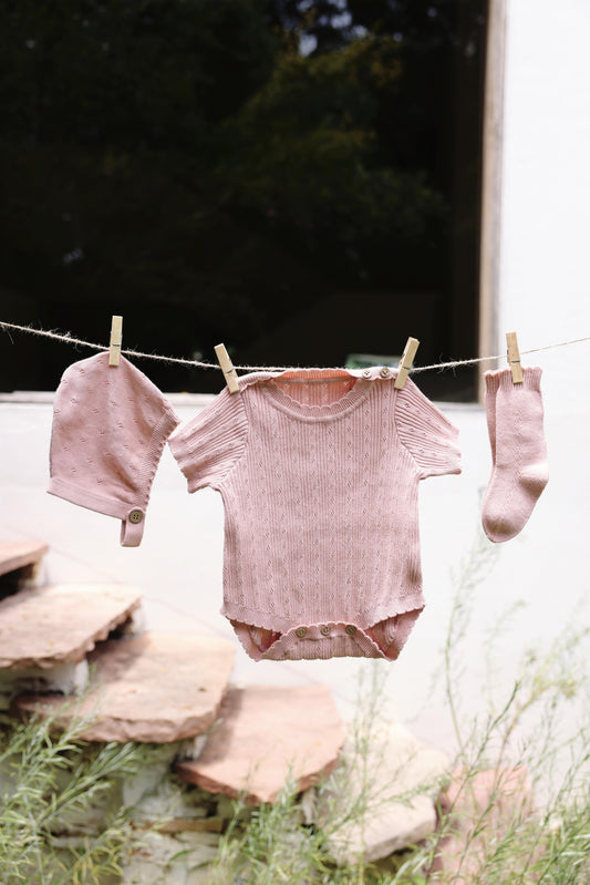 Avibae Luxary Cotton Patterned Openwork Romper  3-Piece Buddle Pearl Rose