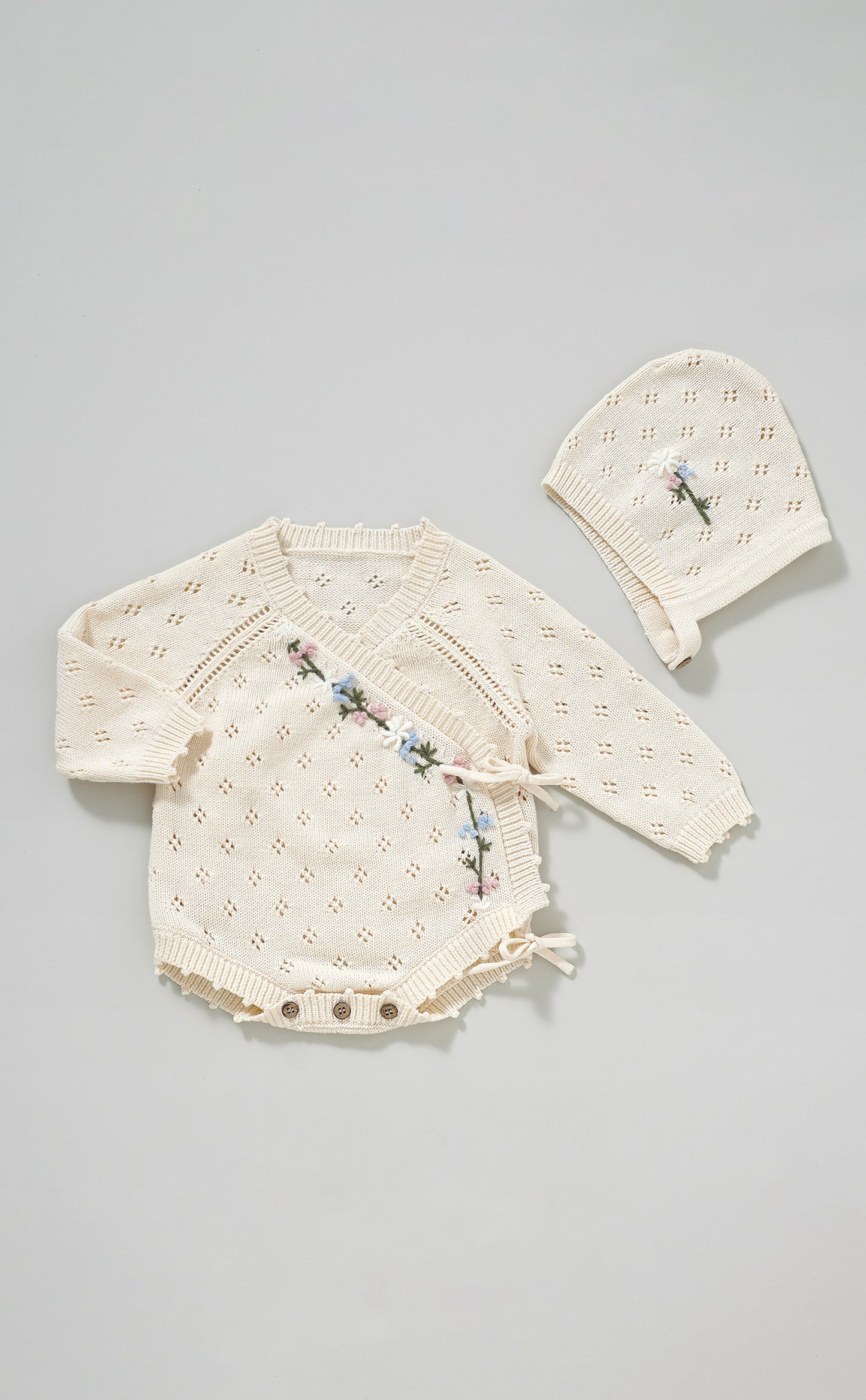 Hand Embroidery Flower Cotton  Romper  2-Piece Pink