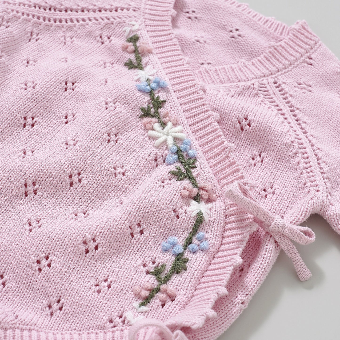 Hand Embroidery Flower Cotton  Romper  2-Piece Pink