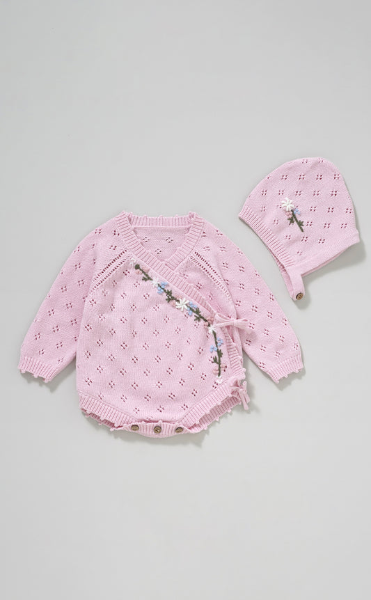 Hand Embroidery Flower Cotton  Romper  2-Piece Pink