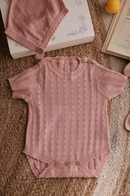 Avibae Luxary Cotton Patterned Openwork Romper  7-Piece Buddle Pearl Rose