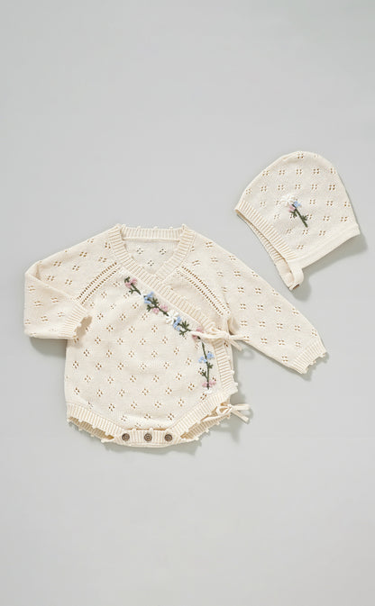 Hand Embroidery Flower Cotton  Romper  2-Piece Pink