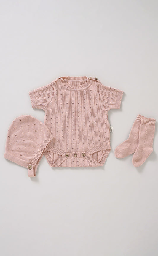 Avibae Luxary Cotton Patterned Openwork Romper  3-Piece Buddle Pearl Rose