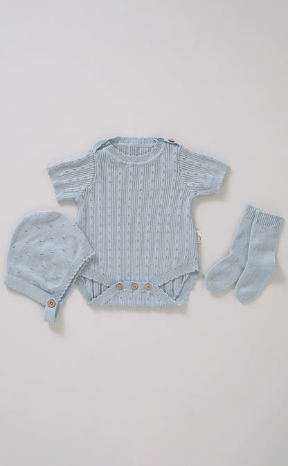 Avibae Luxary Cotton Patterned Openwork Romper  3-Piece Buddle Creamy White