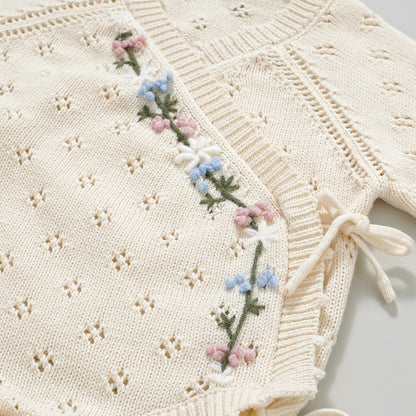 Hand Embroidery Flower Cotton  Romper  2-Piece Creamy White