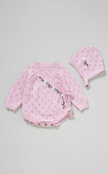 Hand Embroidery Flower Cotton  Romper  2-Piece Pink